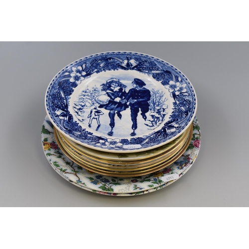 691 - Nine Plates to include Two Vintage Burslem Bird Printed Plates, Wedgwood “A Christmas Morning&... 