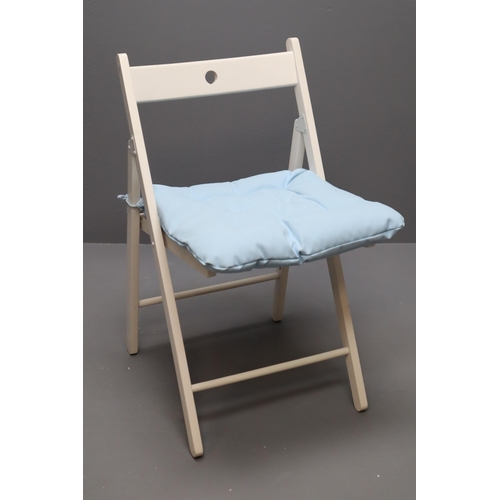 513 - White Folding Chair with Soft Blue Cushion Perfect for the Garden or as a spare visitor Chair