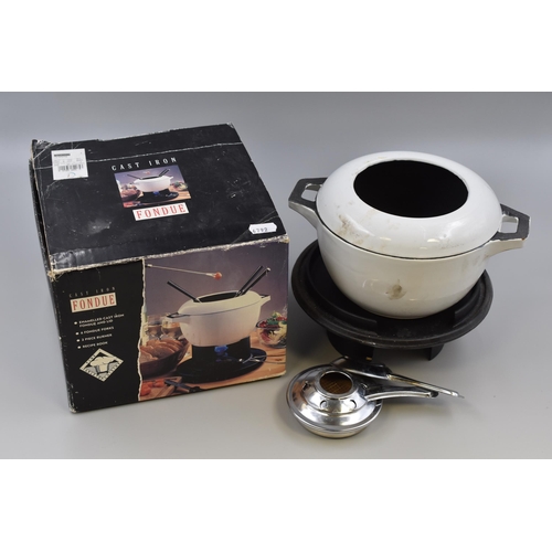 706 - Boxed Cast Iron Enamelled Fondue Set (missing Skewers)