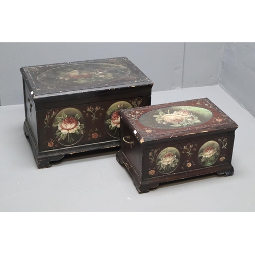 531 - Pair of matching Vintage Wooden Storage Chest Decorated with Hand Painted Flower Panels Largest appr... 