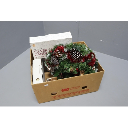 717 - Selection of Christmas items to include Two Wreaths, Boxed Candle Arch (Lights Up, Some Bulbs Don't ... 