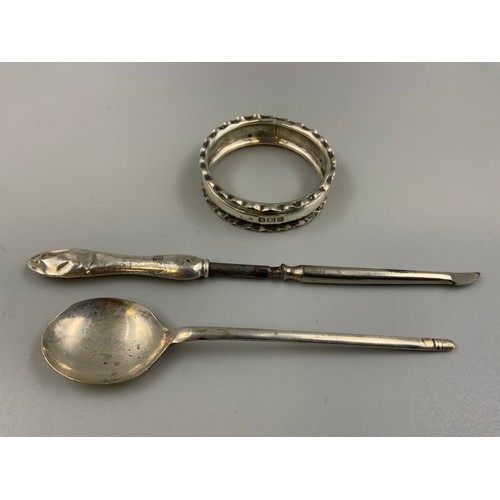 102A - Hallmarked Birmingham Silver Napkin Ring Silver Handled Nail Cleaner and a Silver Plated Condiment S... 