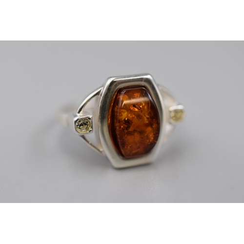 1 - Amber Ring set in Silver 925 Mount flanked with two CZ Stones (Size O) Complete with Presentation Ca... 