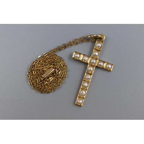 3 - Gold 15ct Seed Pearl Cross Pendant on a 9ct Gold Chain Complete with Presentation Box