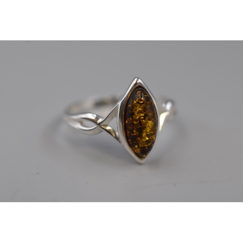 9 - Silver 925 Amber Stoned Ring (Size V) Complete with Presentation Box