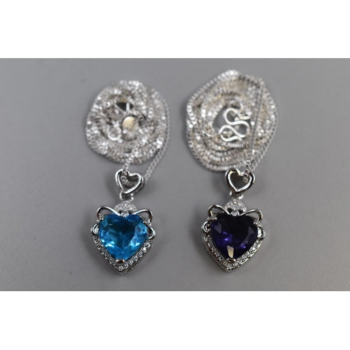 28 - Two 925. Silver Loveheart Pendant Necklaces, Includes Blue Stoned and Purple Stoned