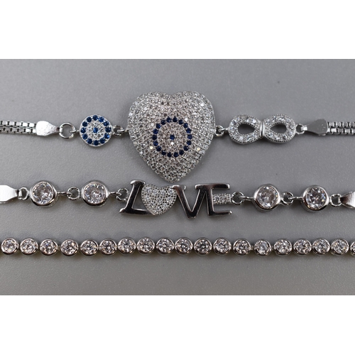 42 - Three New Silver 925 Bracelets, includes Heart Design and 'Love' Design