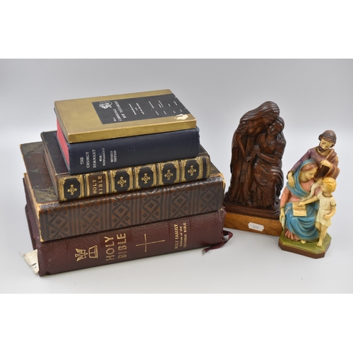 554 - A Selection of Vintage Bibles and Hymn Book, With Italian Joseph, Mary and Christ Figure, And Carved... 