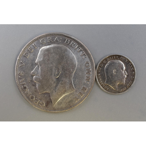 174 - George V Silver 1925 Half Crown and a Edward VII 1908 Three Pence