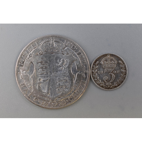 174 - George V Silver 1925 Half Crown and a Edward VII 1908 Three Pence