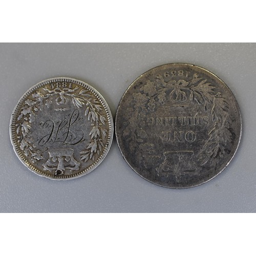 177 - Victoria Silver 1839 Shilling and a 1884 Sixpence Love Token