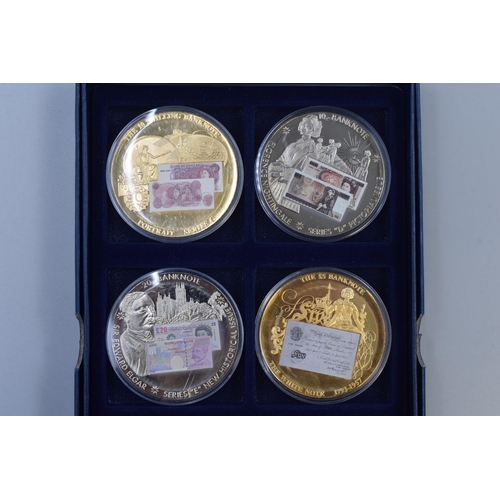 199 - Four Large Gold Plated British Banknote Coins, Historical Series with Certificates. 50mm Dia, in Box... 