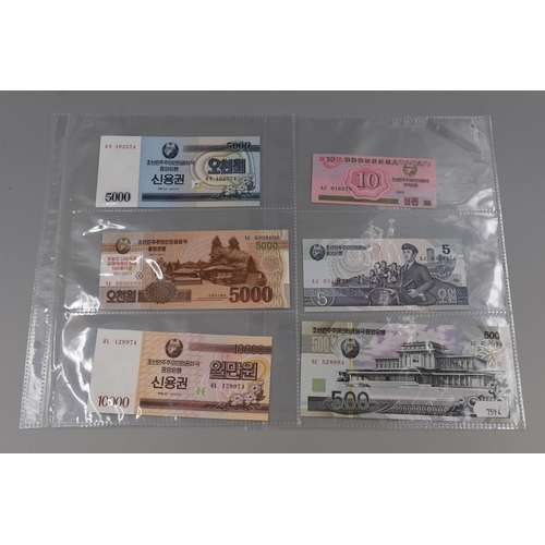 216 - Six Uncirculated North Korea Banknotes