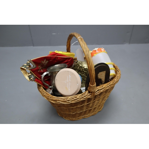 887 - Basket Containing a Mixed Selection. Includes Boxed Pompadow Dish, Sequin Bag, Brass Letter Holder a... 