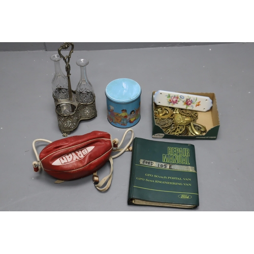 955 - Two Boxes includes Incomplete Silver Plated Decanter Set, Horse Brasses, Buttons, Retro Clock (Spare... 