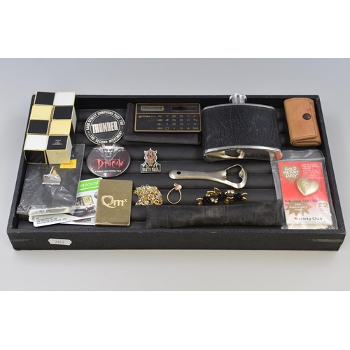 133 - Mixed Tray Including Whisky Flask, Bottle Opener, Darth Maul Badge and More