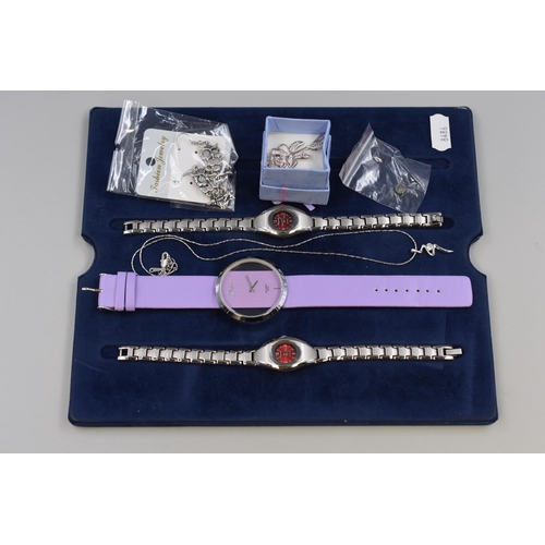 141 - Mixed Selection to include Three Watches, Two Necklaces, Owl Earrings and Watch Battery (LR626)