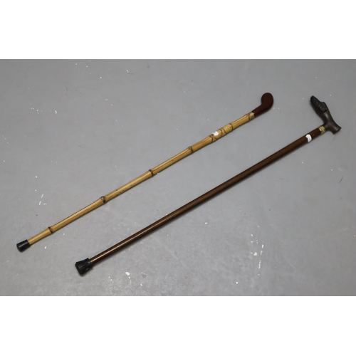 346 - Two Walking Sticks. Includes Bamboo and Brass, And Carved Dog Head