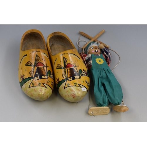 361 - Two Vintage items to include a Pair of Large Dutch Clogs and a Wooden String Puppet