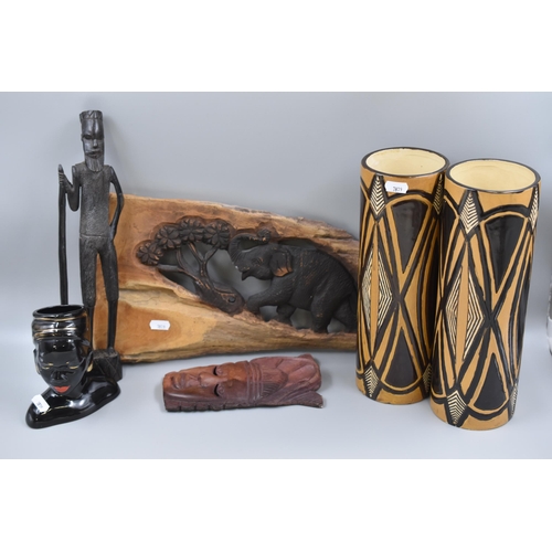 362 - Six Pieces of Tribal Style Art, Includes Pair of Vases, Carved Wood Elephant Plaque, And More. AF