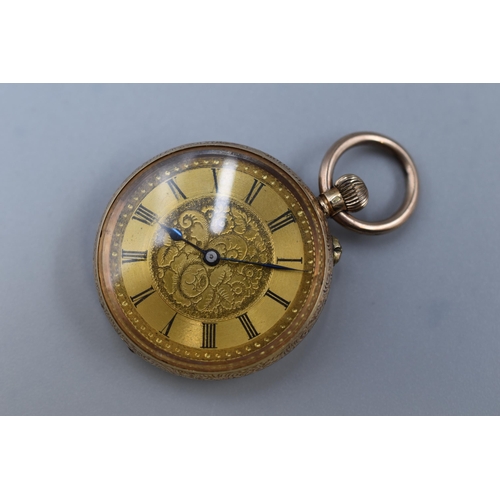 8 - An 14ct yellow gold open face pocket watch, the gilt face with black Roman numerals, the case back w... 