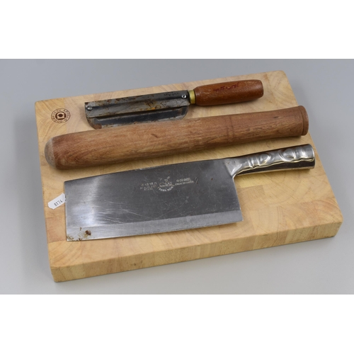 368 - Four Pieces of Kitchenalia. Includes Beech Chopping Board, Wooden Meat Tenderiser, Meat Cleaver, And... 