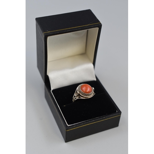 13 - Silver 800 Coral Stoned Ring (Size O) Complete with Presentation Box