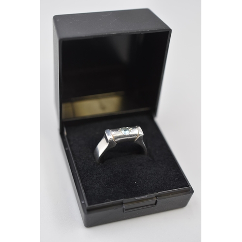 19 - Silver 925 Aqua Stoned Ring (Size R). Complete with Presentation Box