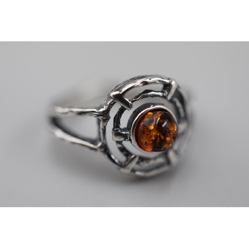 20 - Silver 925 Amber Stoned Ring with Wheel Design (Size J). Complete with Presentation Box