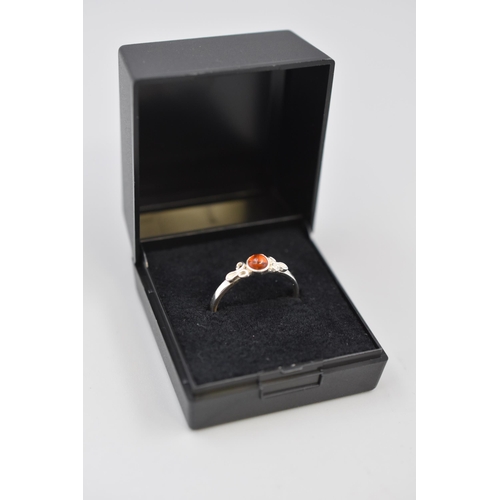 22 - Silver 925 Amber Stoned Ring (Size P). Complete in Presentation Box