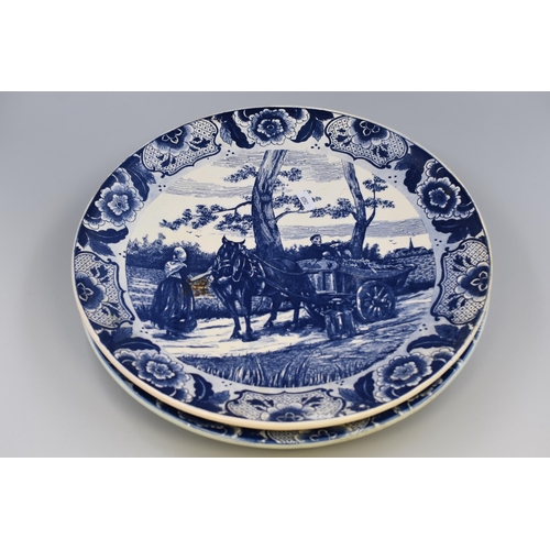 380 - Two Blue and White Ceramic Delft Chargers, Depicts Windmill, and Horse and Carriage. Both Approx 39c... 