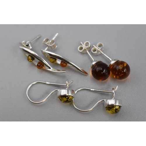 60 - Three Pairs of Silver 925 Amber Stoned Earrings