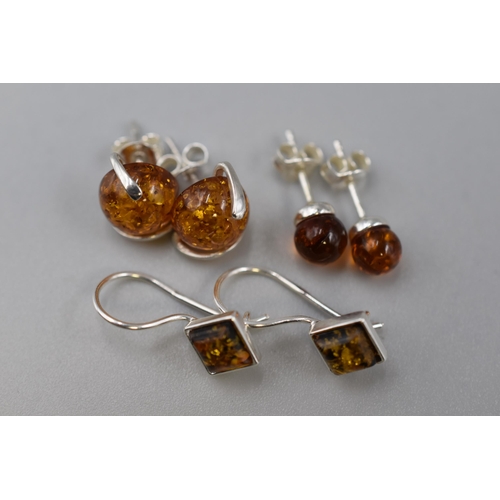 61 - Three Pairs of Silver 925 Amber Stoned Earrings