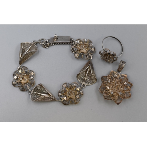 67 - Silver Filigree Bracelet, Pendant and Ring Set