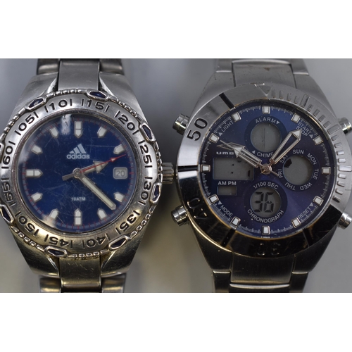 99 - Two Good Quality Waterproof Divers Style Sports Watches to include Adidas and Umbro, new batteries n... 