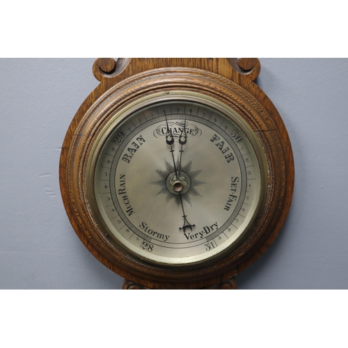 443 - A Carved Wooden Banjo Barometer and Thermometer, Approx 34.5