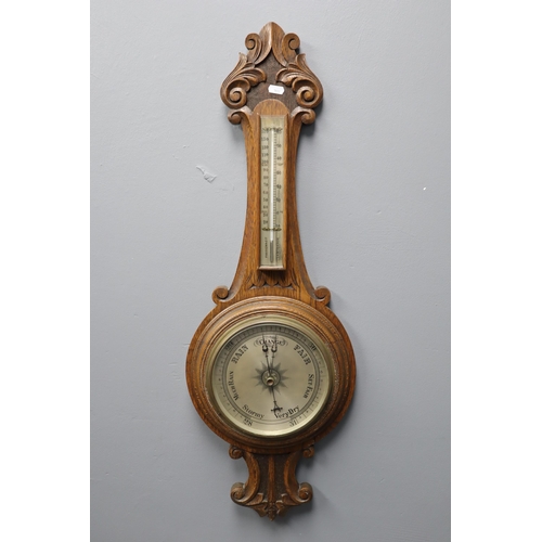 443 - A Carved Wooden Banjo Barometer and Thermometer, Approx 34.5