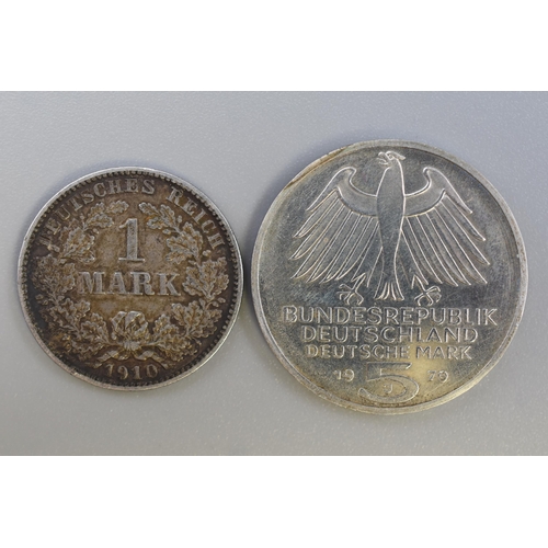 207 - Two German Silver Coins. Includes 1979 German Archaeological Institute 5 Mark, And 1910 Wilhelm II 1... 