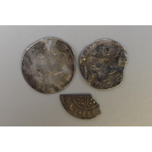 214 - Three Hammered Silver Coins. Includes 1561 Elizabeth I Threepence