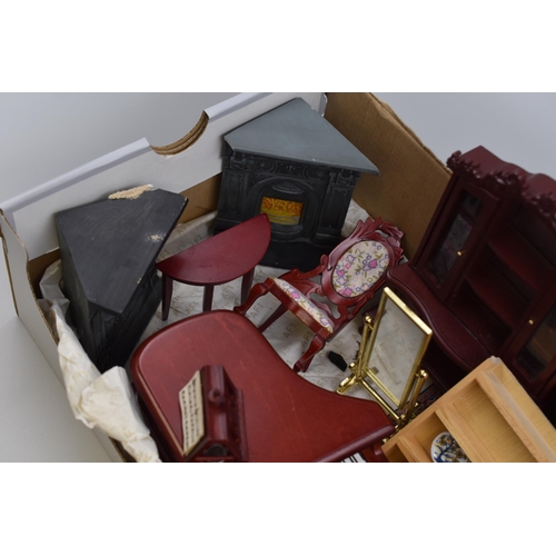 555 - A Selection of Dolls House Living Room Furniture and Others. Includes Fireplaces, Grand Piano, Harp,... 