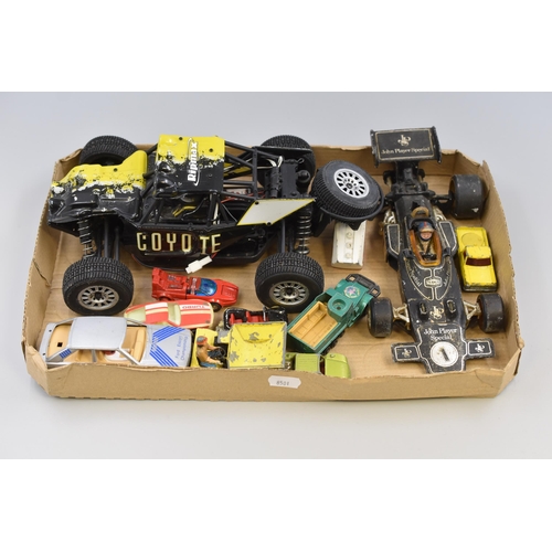 574 - Selection of Cars, includes Ford Escort Scalextric, Coyote Truggy (No Remote), Corgi John Player F1 ... 