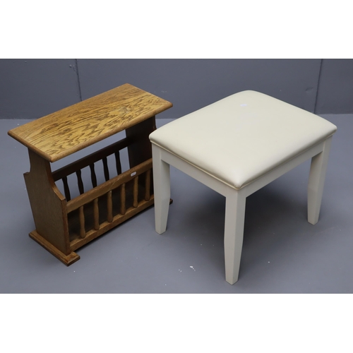 592 - Two Furniture Items To Include Wooden Magazine Rack and Faux White Leather Topped Stool