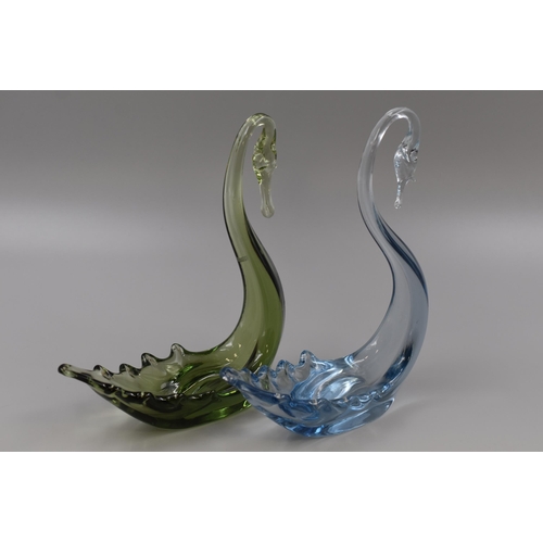 265 - Two Whitefriars Studio Art Glass Swans in Emerald Green and Sapphire Blue