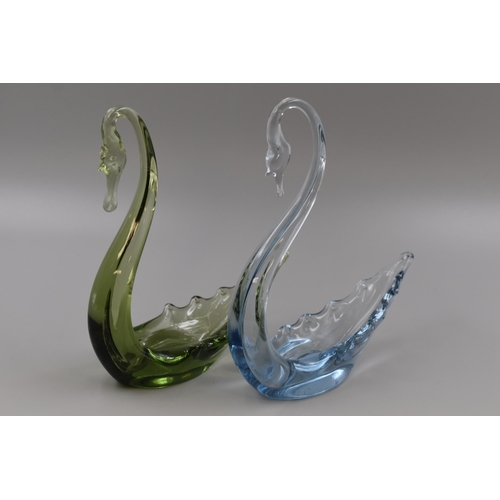 265 - Two Whitefriars Studio Art Glass Swans in Emerald Green and Sapphire Blue