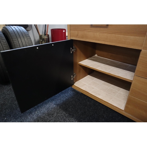 607 - Nice modern Six Drawer Two Cupboard Sideboard Unit in Pine Effect with Black Covered Cupboard Doors ... 