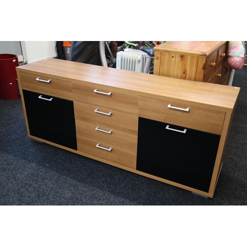 607 - Nice modern Six Drawer Two Cupboard Sideboard Unit in Pine Effect with Black Covered Cupboard Doors ... 