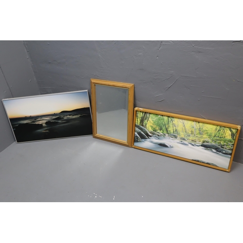 631 - Mixed Lot to include Two Nice Landscape prints on Canvas and a Pine Framed beveled Edged Mirror larg... 