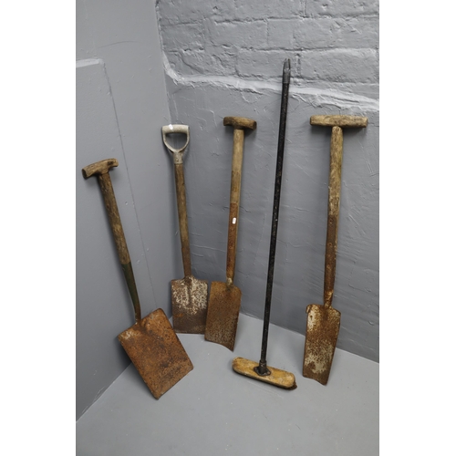 663 - Four Garden Shovels, With One Garden Brush. Brush Is Approx 50