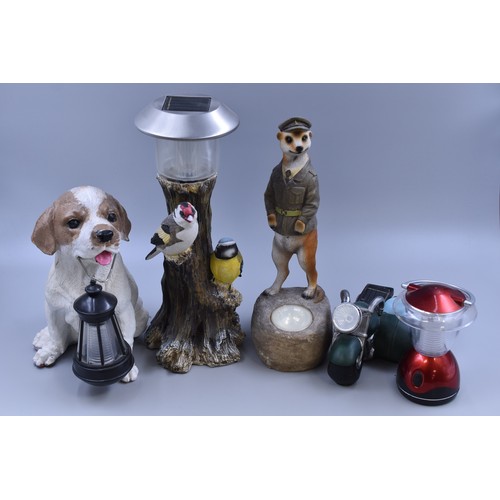 703 - Five solar garden lights to include meerkat, motor bike, dog and birds, tallest 13