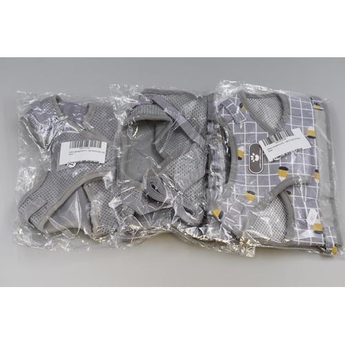 749 - Three New XL Dog Harnesses Complete with Leads in Grey